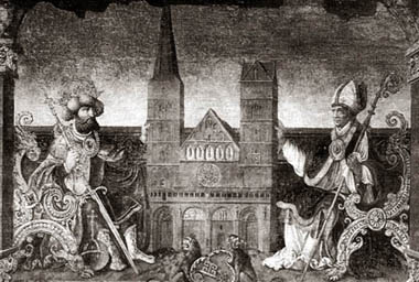 Emperor Charlemagne and St. Willehad flanking the first Cathedral of Bremen